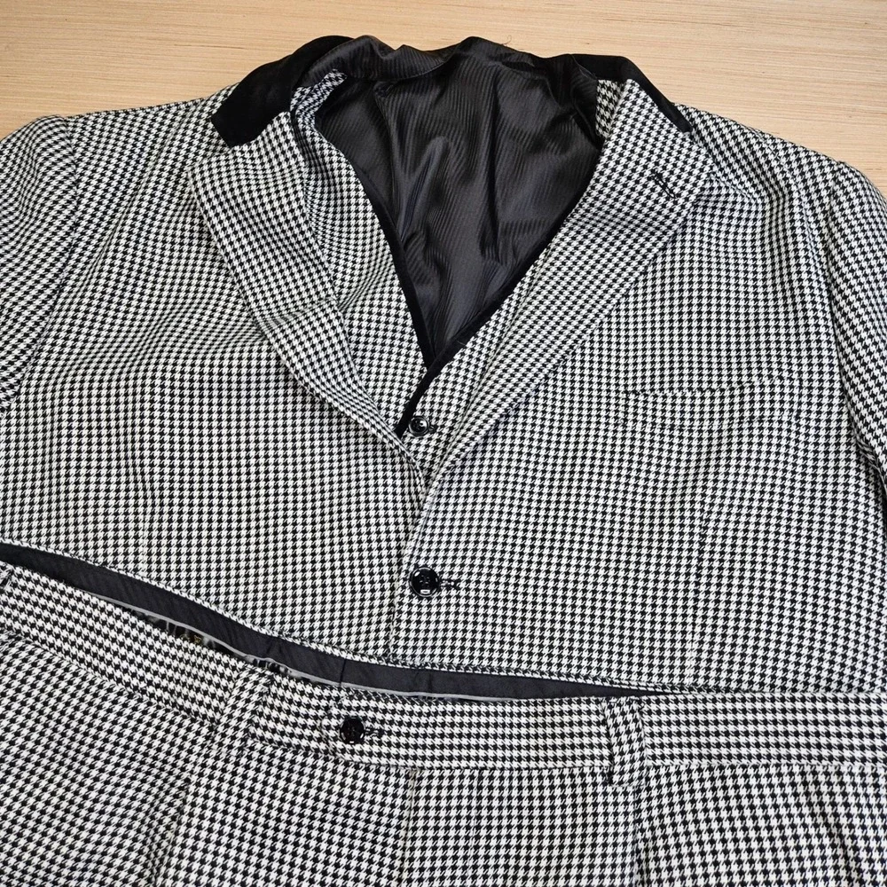 EJ‎ Samuel 3 Piece Suit Mens 54R 48x28 Black Houndstooth Velvet Trim M2692